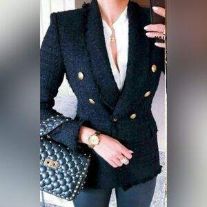 Zara Textured Black Blazer with Gold Accents